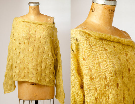 1980s Punk Mohair Open Knit Sweater Yellow Oversized Knit