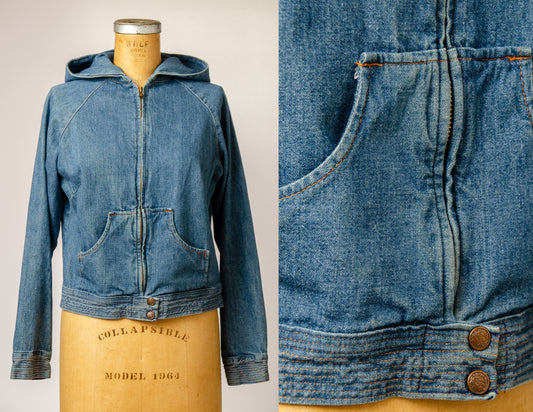 1970s GAP Stitched Denim Hooded Jean Hippie Jacket