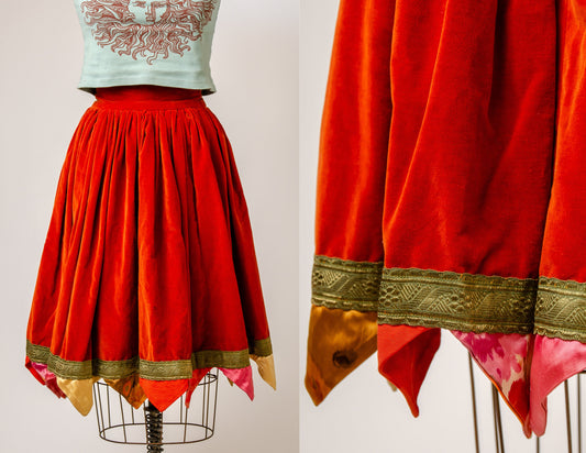 1940s Brick Orange Velvet Festival Folk Skirt