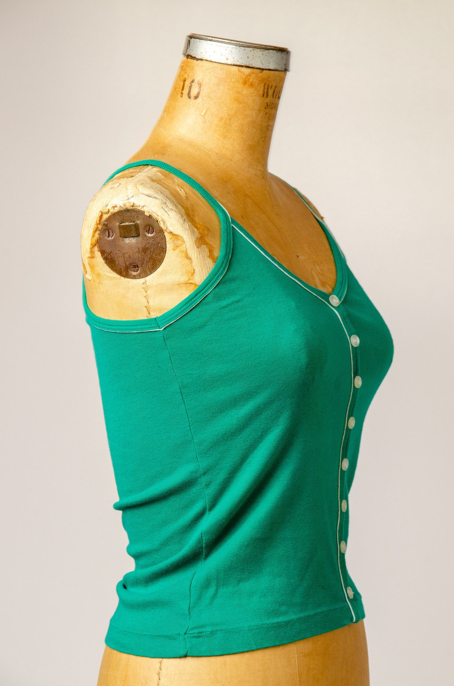 1970s Green Babyrib Cotton Button Down Tank Top