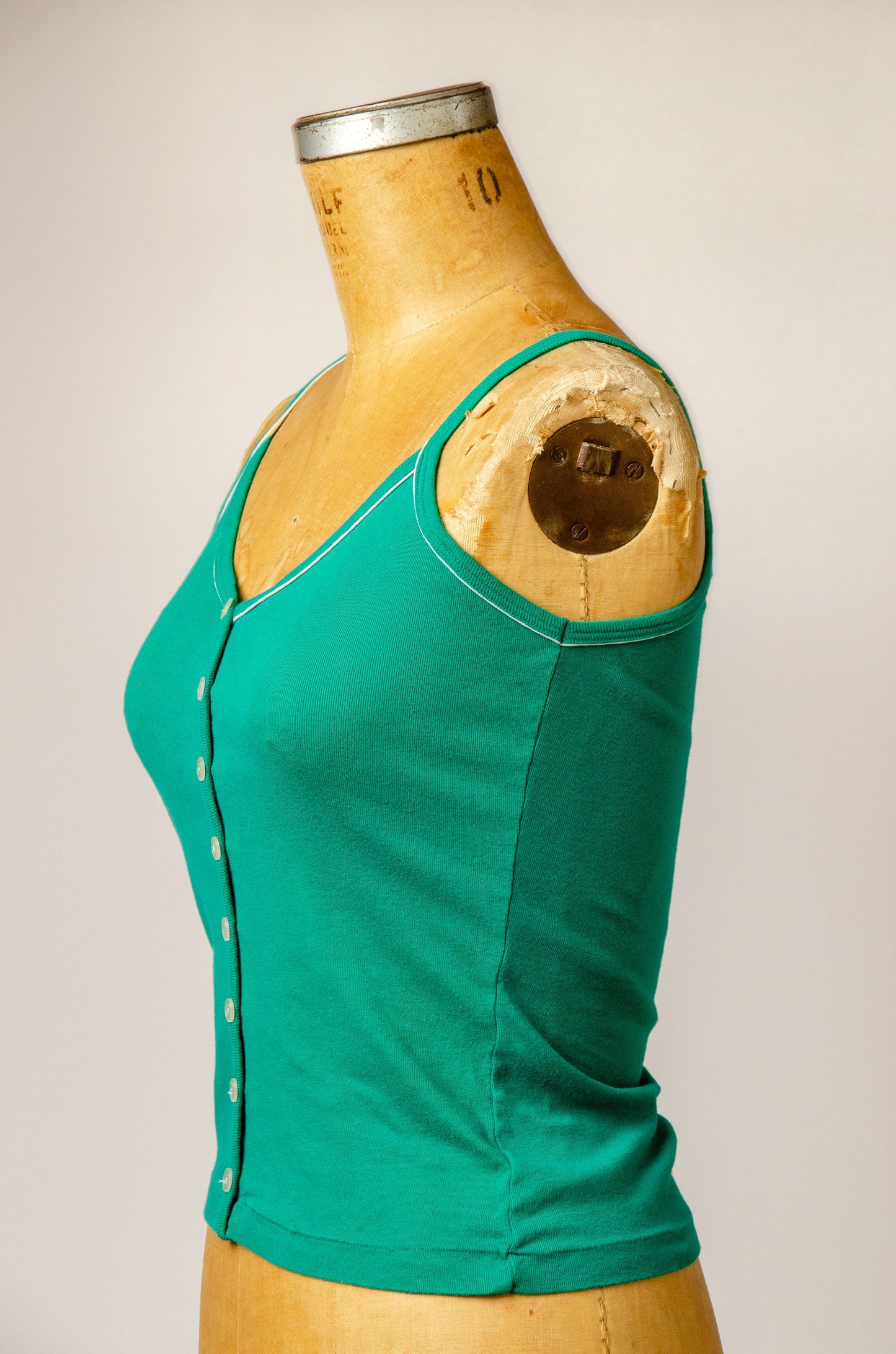 1970s Green Babyrib Cotton Button Down Tank Top