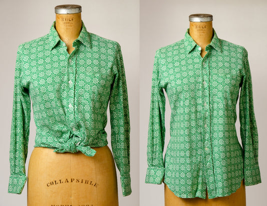 1970s Mod Paisley Green Button Up Cotton Dress Shirt