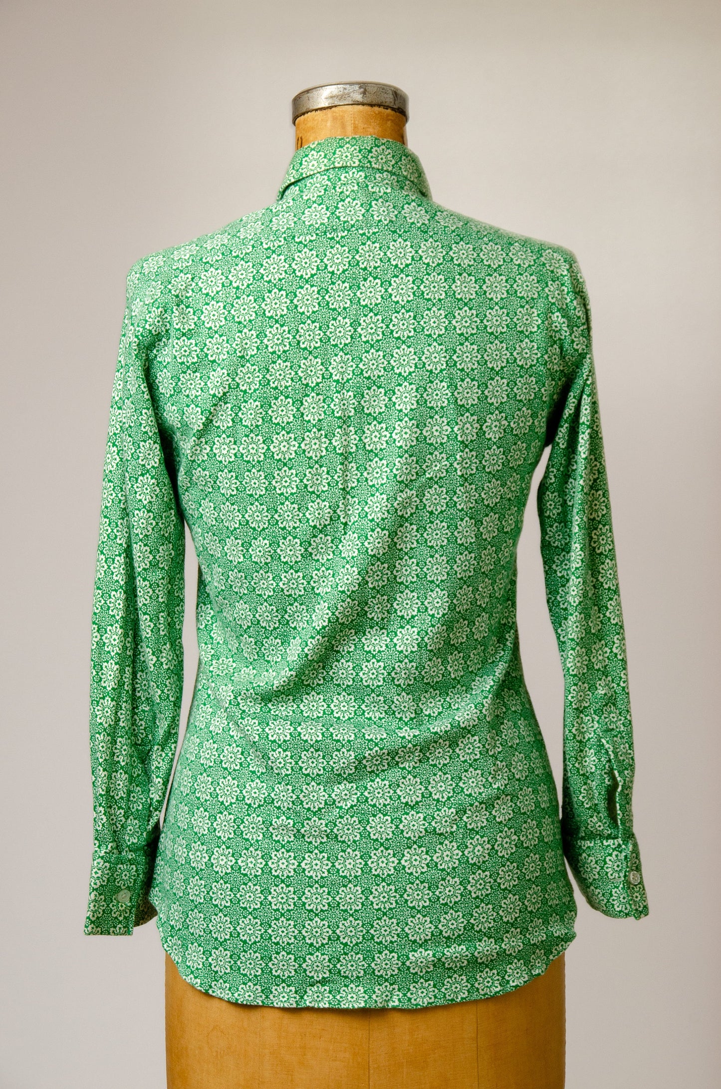 1970s Mod Paisley Green Button Up Cotton Dress Shirt