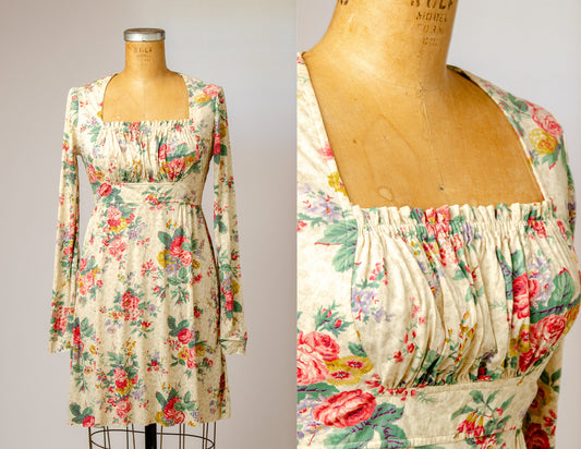 1970s Empire Waist Floral Renaissance Style Hippie Dress