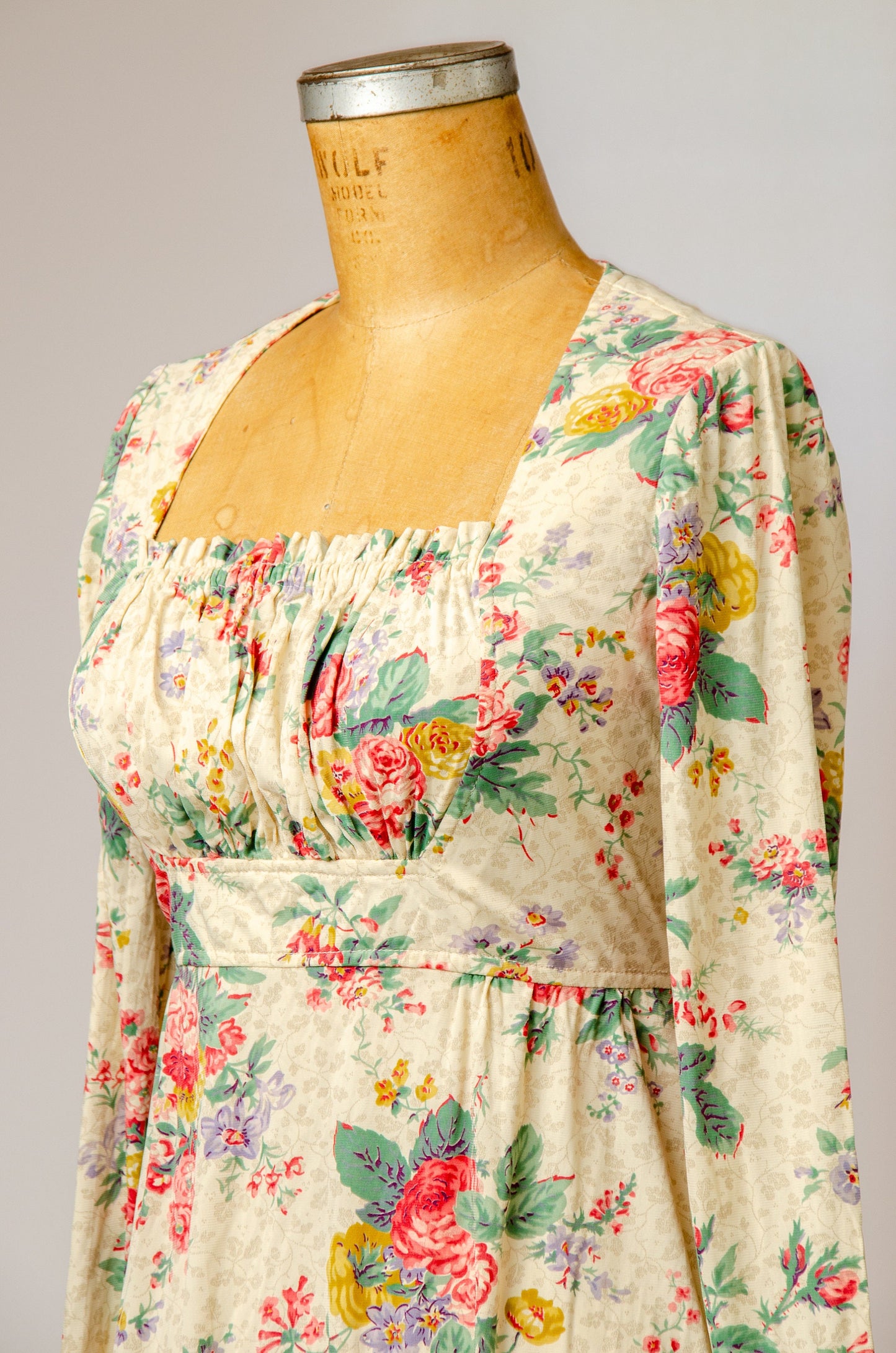 1970s Empire Waist Floral Renaissance Style Hippie Dress