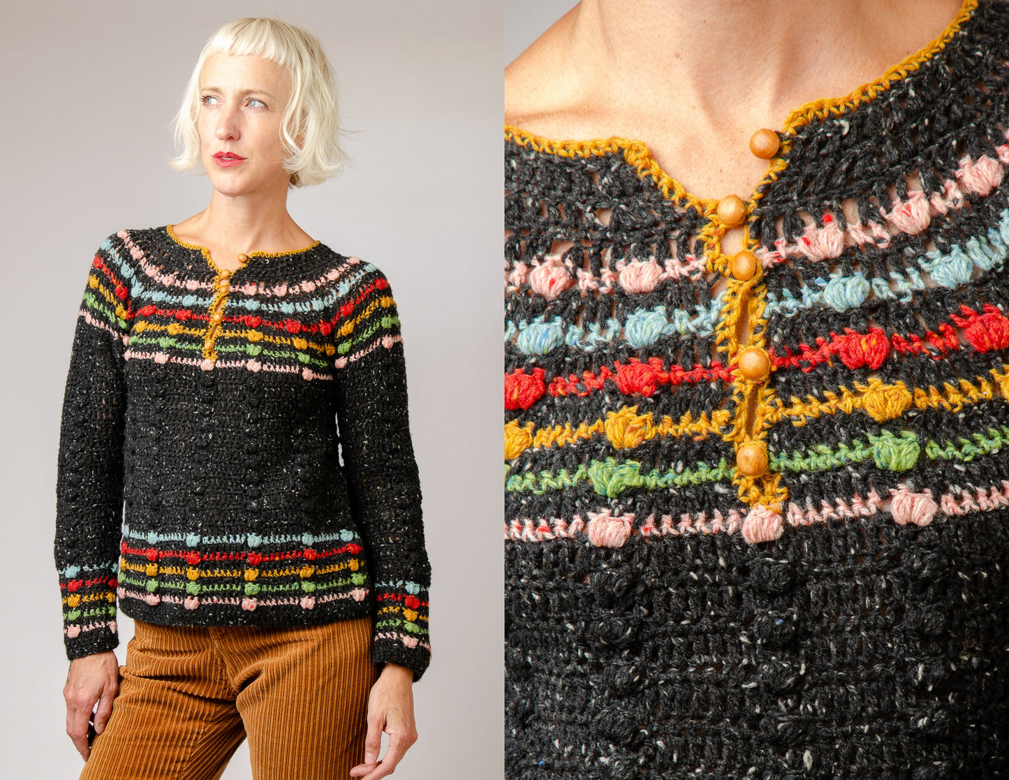 Rainbow Sweater Hand Crochet Merino Tweed Wool with Wood Button Hippie Sweater