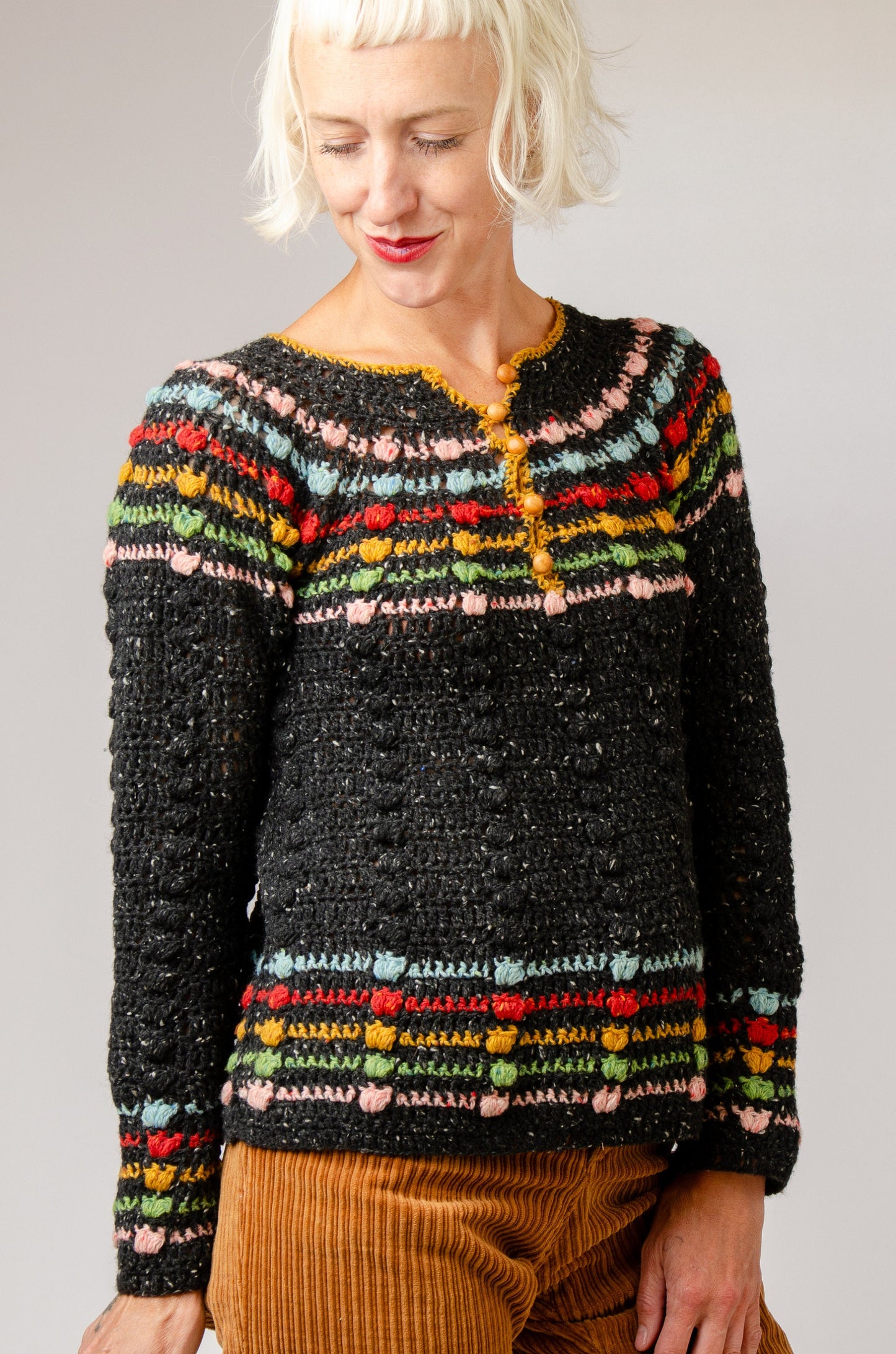 Rainbow Sweater Hand Crochet Merino Tweed Wool with Wood Button Hippie Sweater