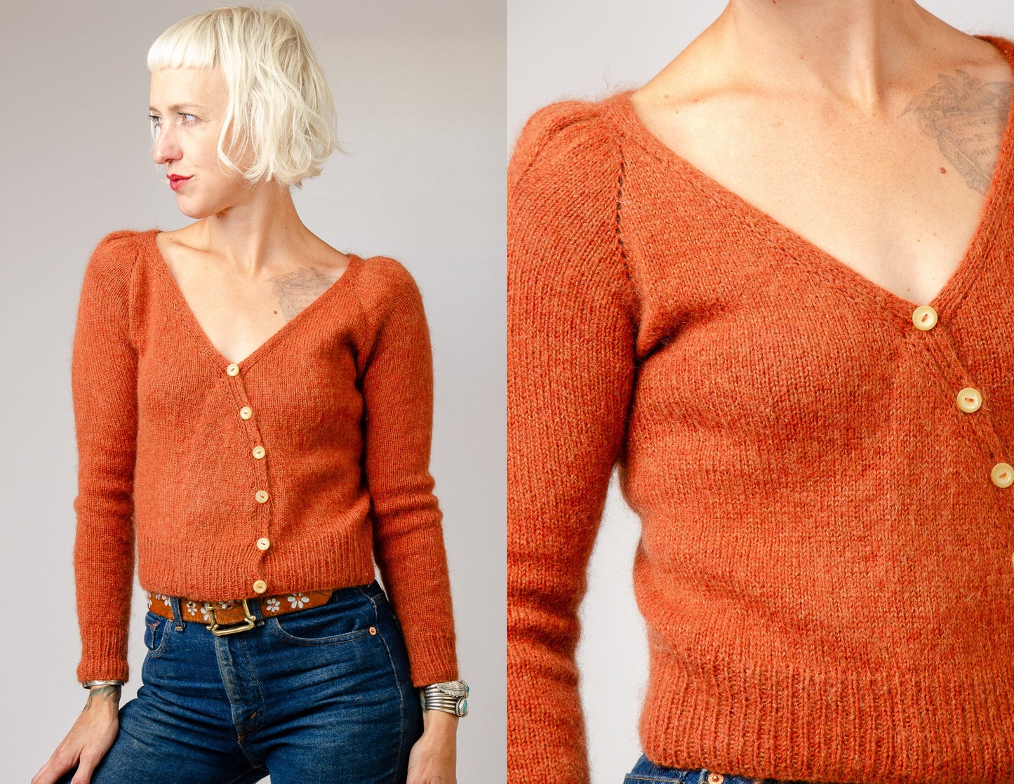 Handknit Mohair Cardigan Rust Orange Puff Sleeve Sweater