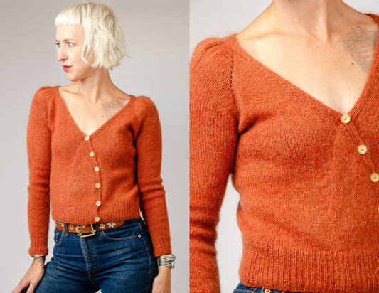 Handknit Mohair Cardigan Rust Orange Puff Sleeve Sweater