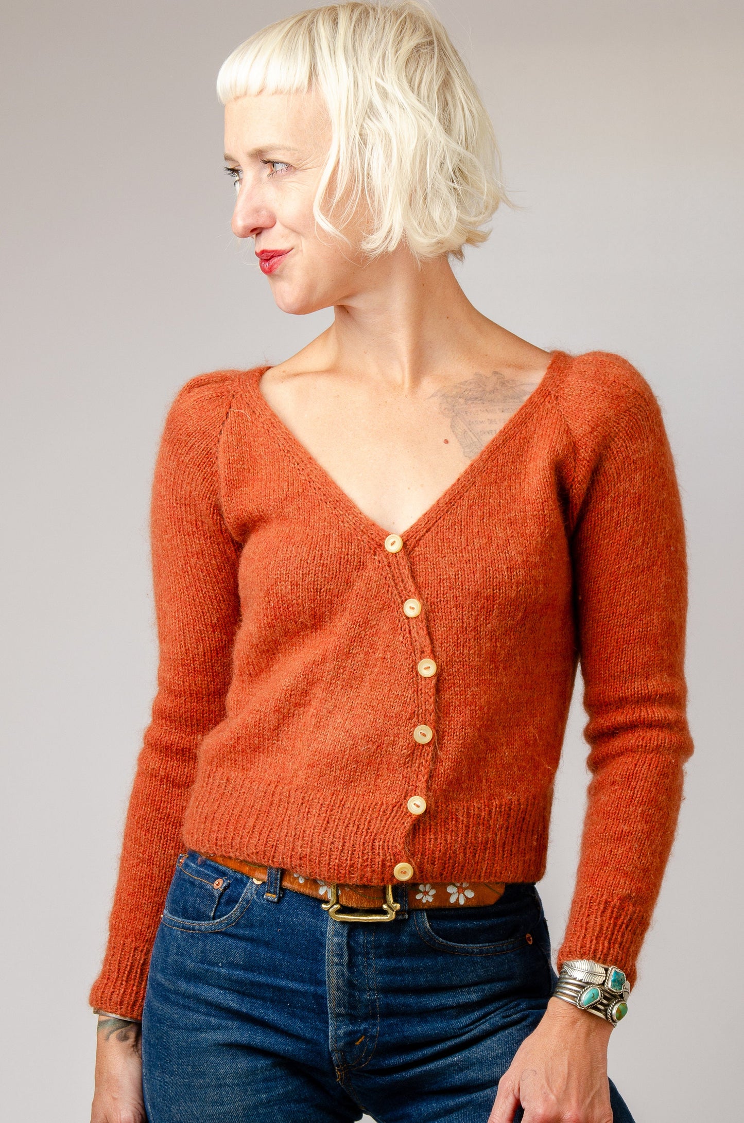 Handknit Mohair Cardigan Rust Orange Puff Sleeve Sweater