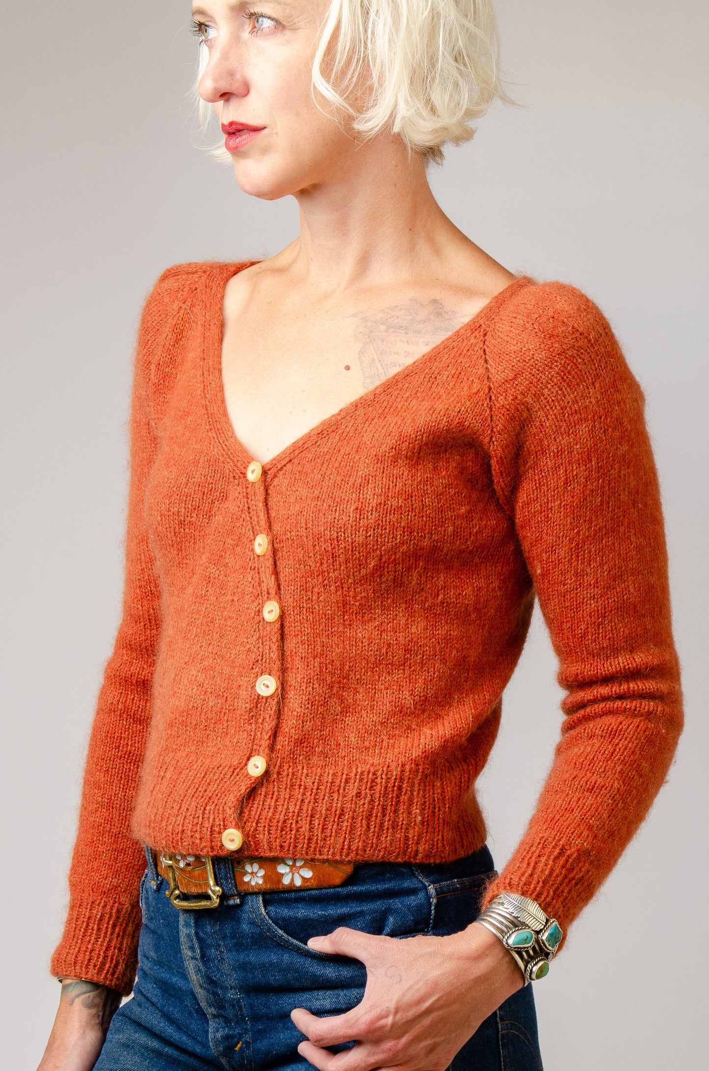 Handknit Mohair Cardigan Rust Orange Puff Sleeve Sweater