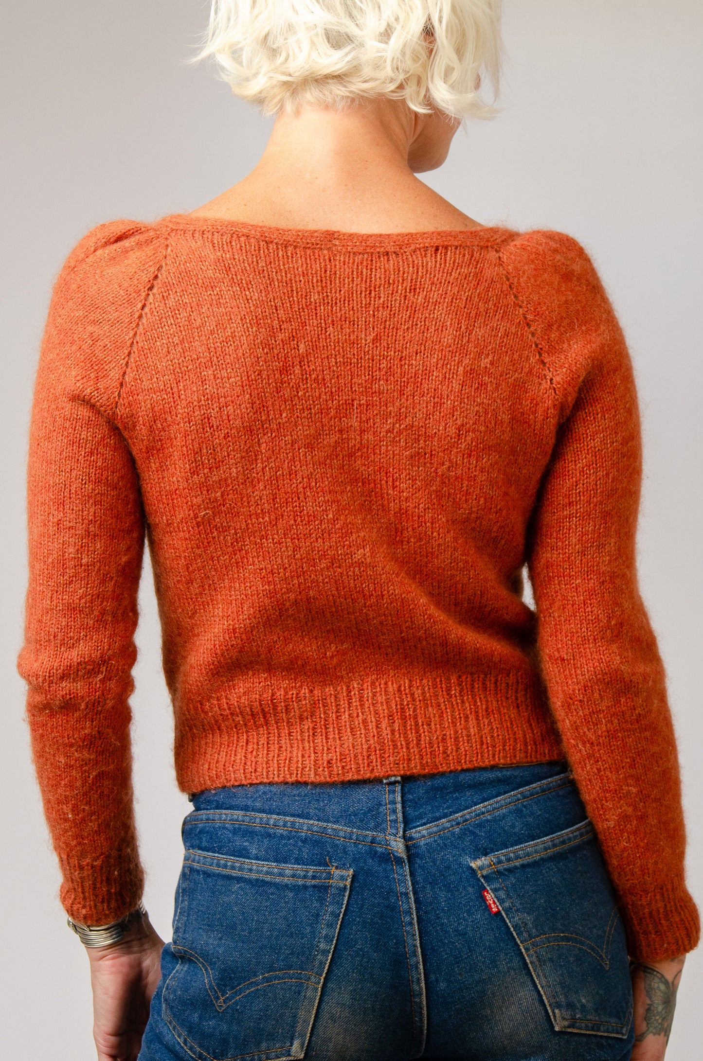 Handknit Mohair Cardigan Rust Orange Puff Sleeve Sweater