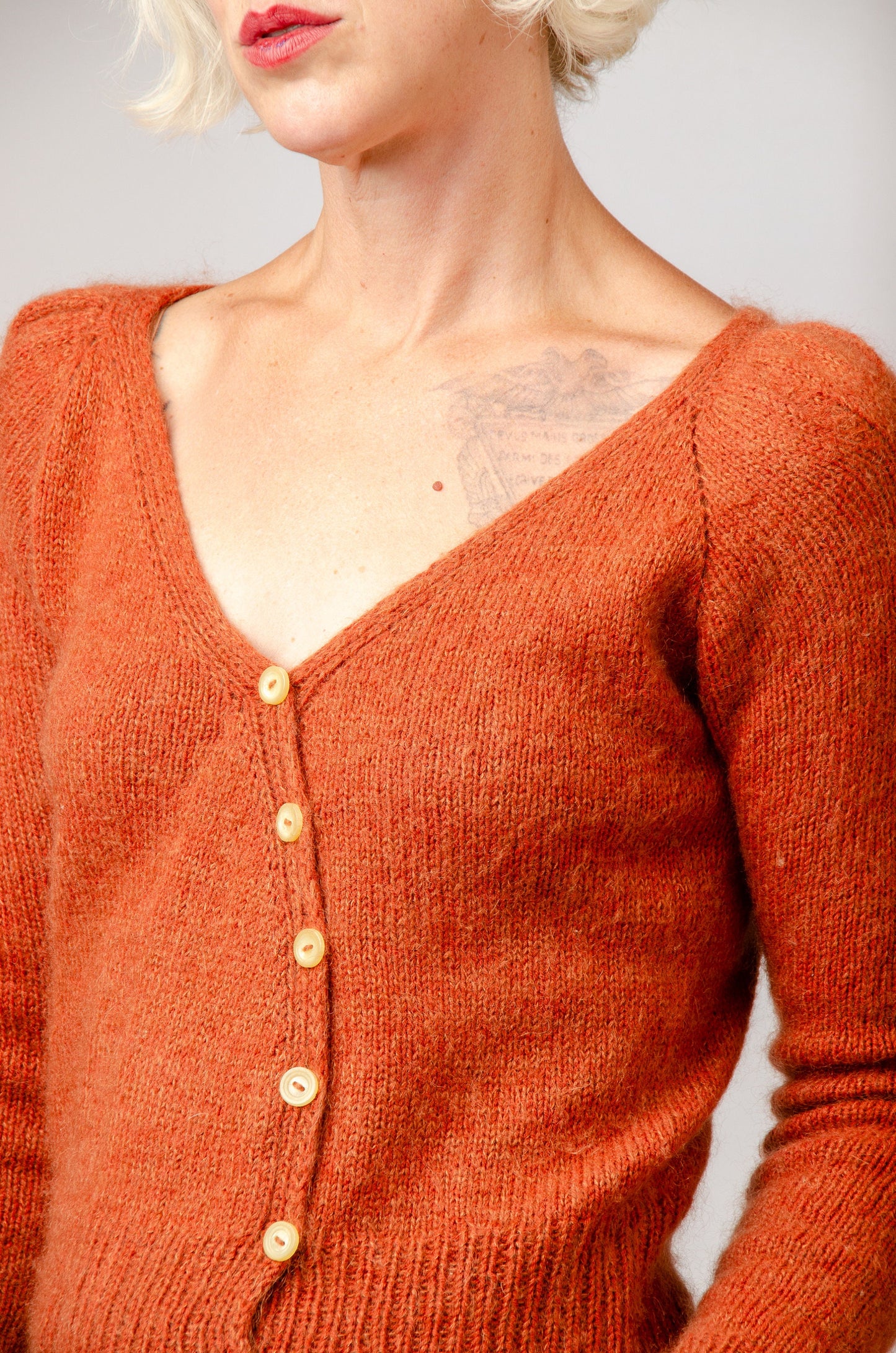 Handknit Mohair Cardigan Rust Orange Puff Sleeve Sweater