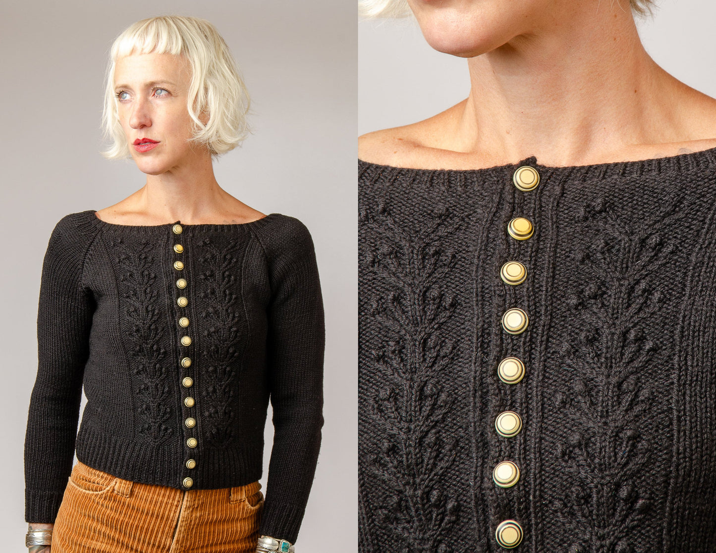 Handknit 1940s Style Cardigan Black Wool with Deco Buttons Puff Sleeve Sweater