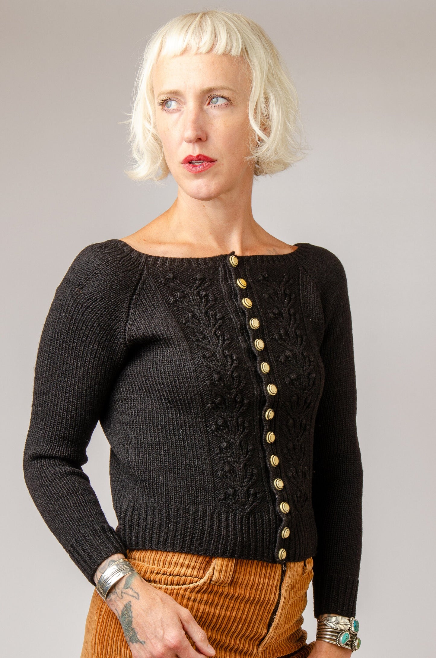 Handknit 1940s Style Cardigan Black Wool with Deco Buttons Puff Sleeve Sweater