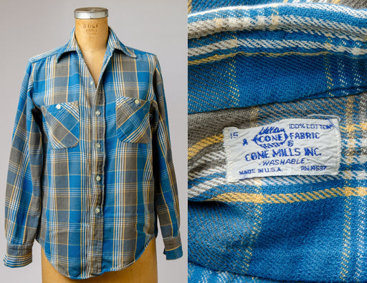 1960s Cone Mills Cotton Plaid Blue & Grey Cotton Flannel Shirt