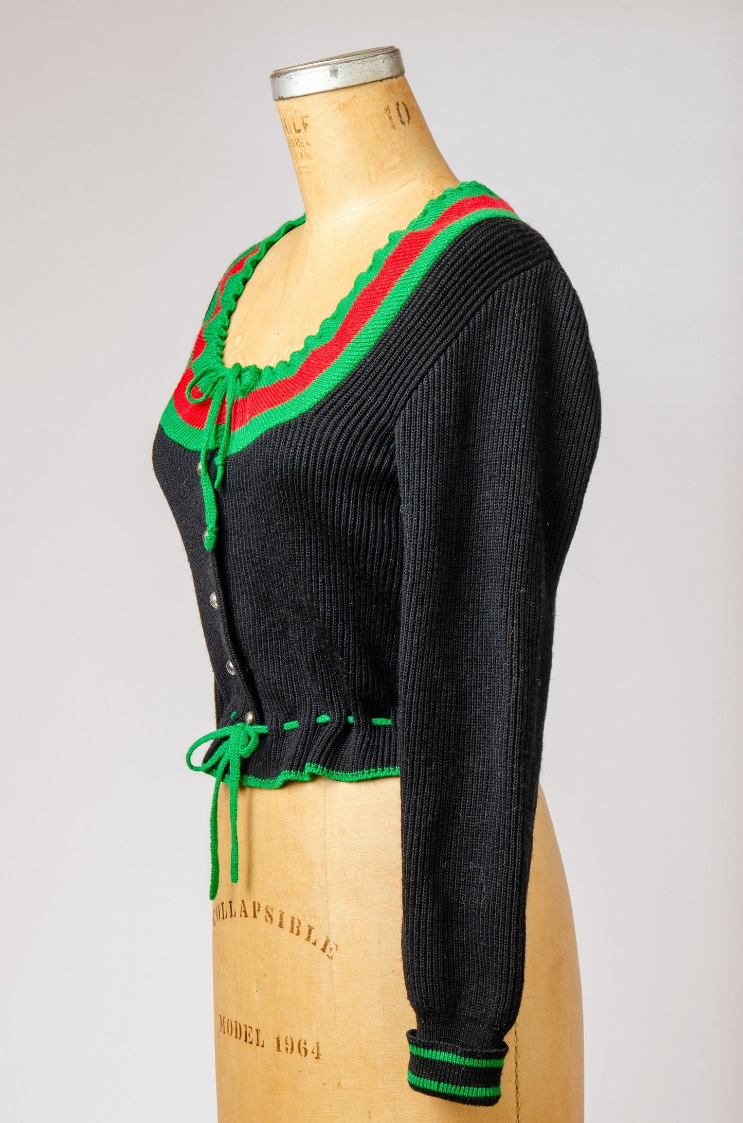 1950s Bavarian Folk Sweater Black and Green Knit Crop Austrian Cardigan