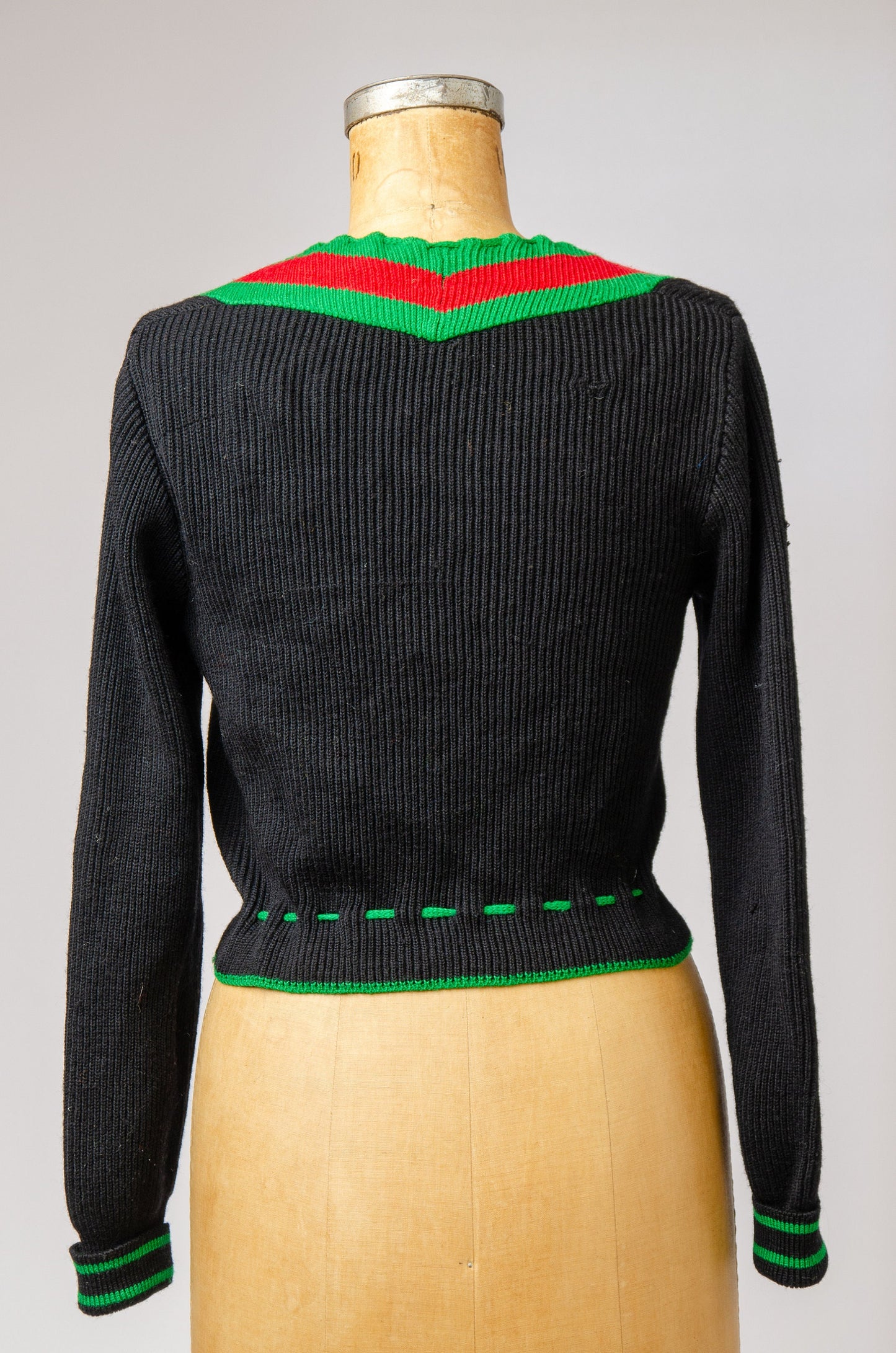 1950s Bavarian Folk Sweater Black and Green Knit Crop Austrian Cardigan