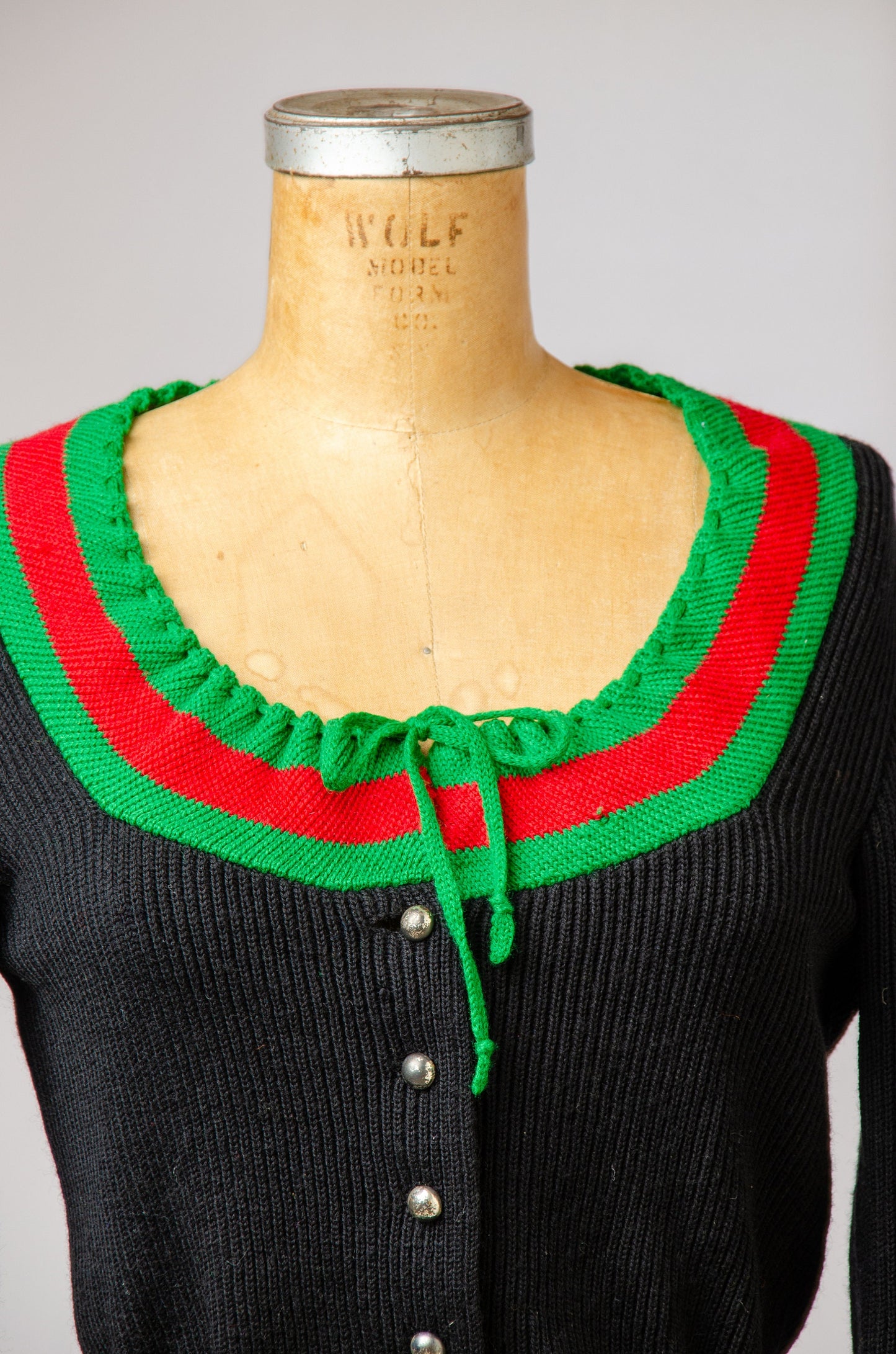 1950s Bavarian Folk Sweater Black and Green Knit Crop Austrian Cardigan