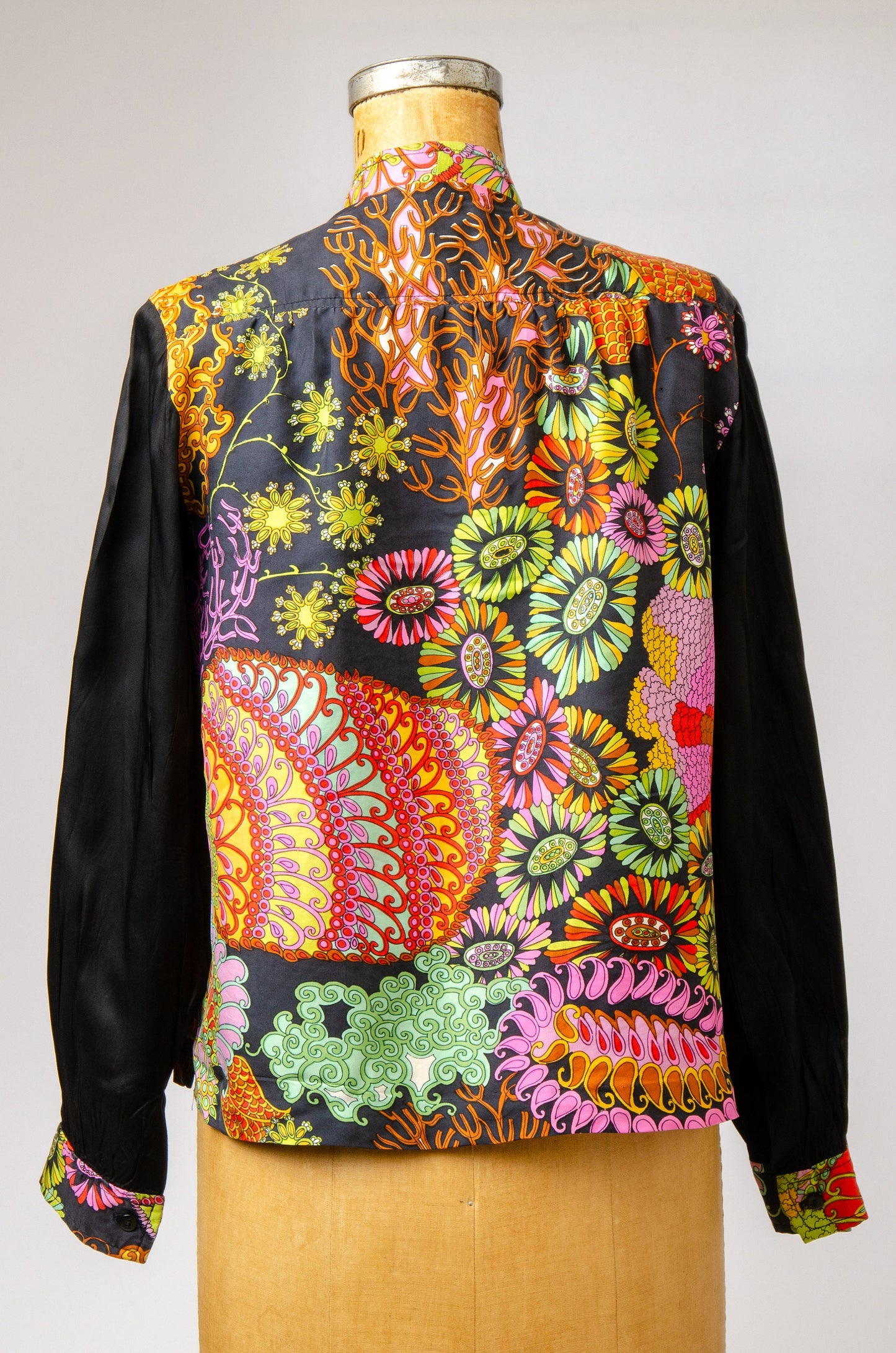 1970s Silk Blouse Pop Art Novelty Print Psychedelic High Collar Dress Shirt