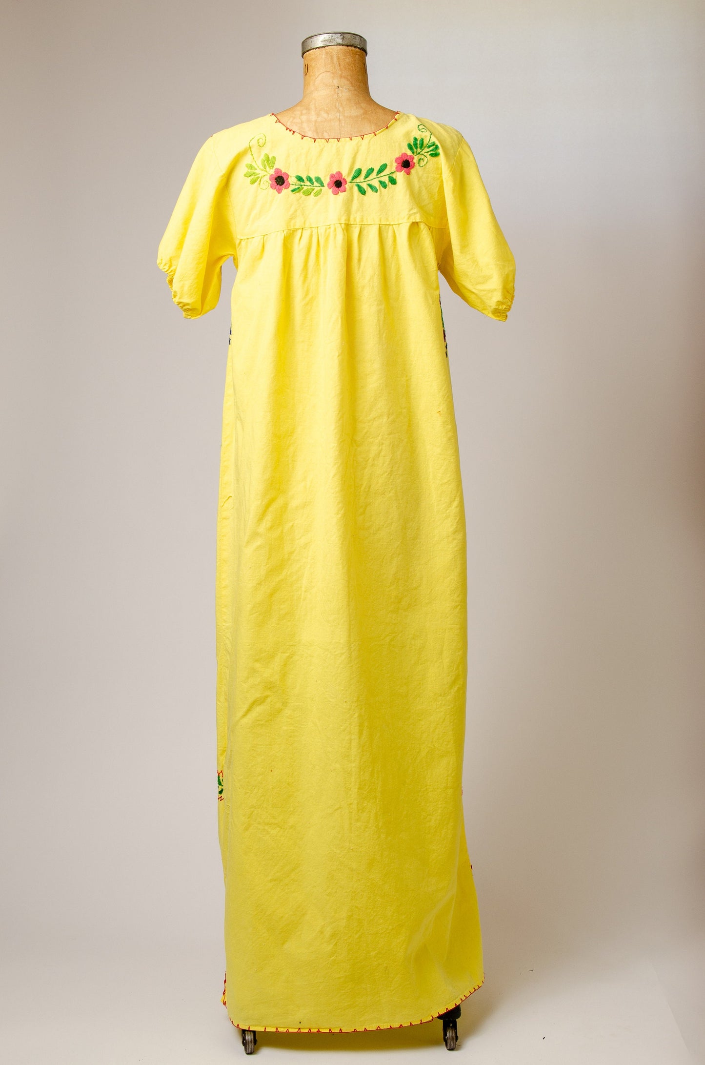 1970s Mexican Hand Embroidered Oaxacan Yellow Cotton Full Length Bohemian Artisan Dress