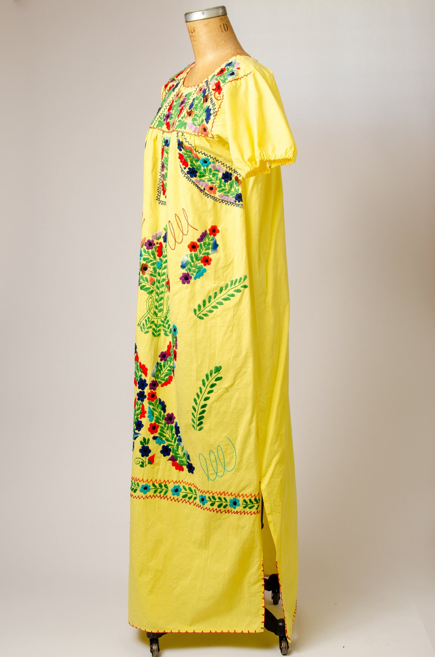 1970s Mexican Hand Embroidered Oaxacan Yellow Cotton Full Length Bohemian Artisan Dress