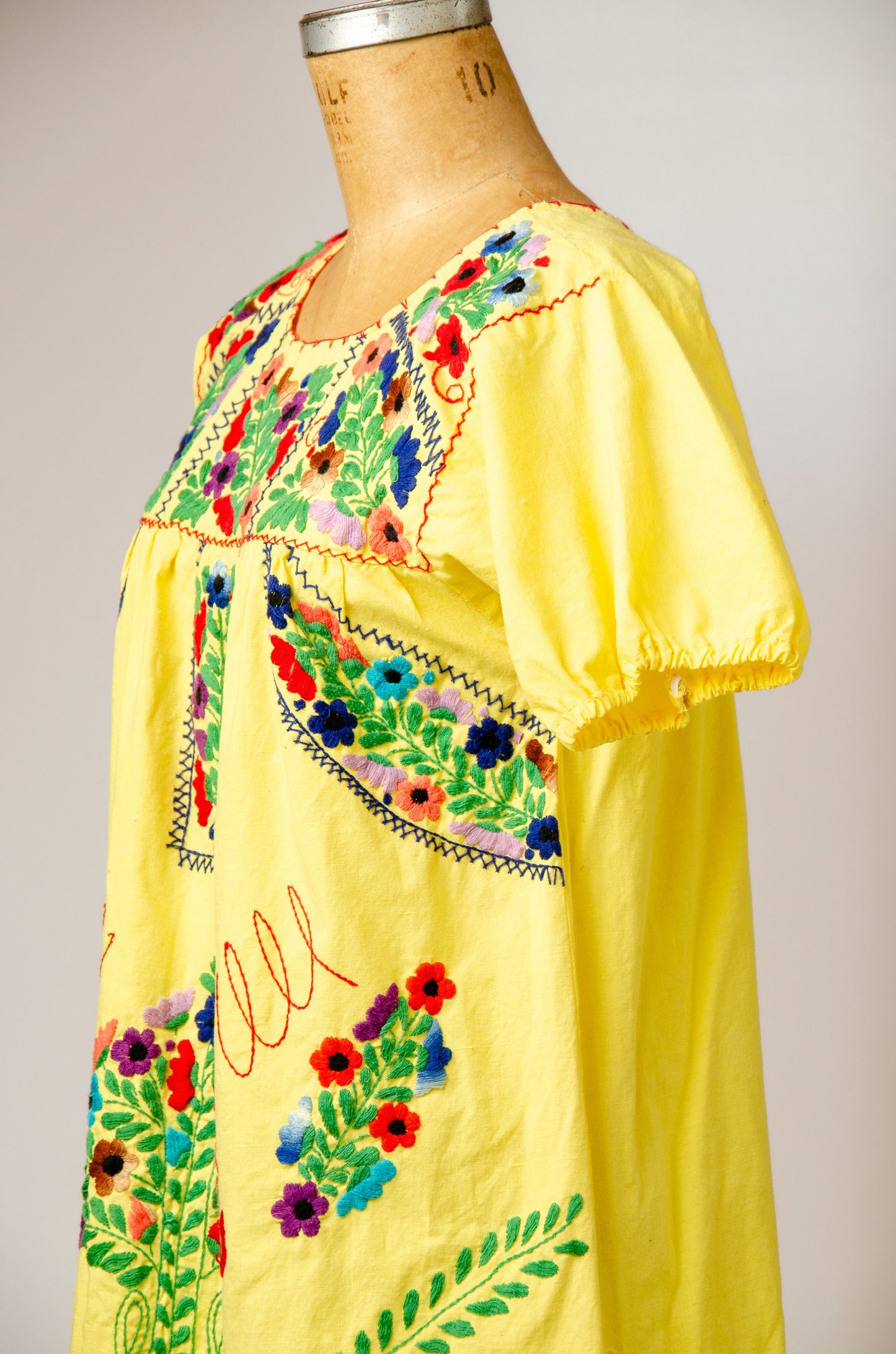 1970s Mexican Hand Embroidered Oaxacan Yellow Cotton Full Length Bohemian Artisan Dress