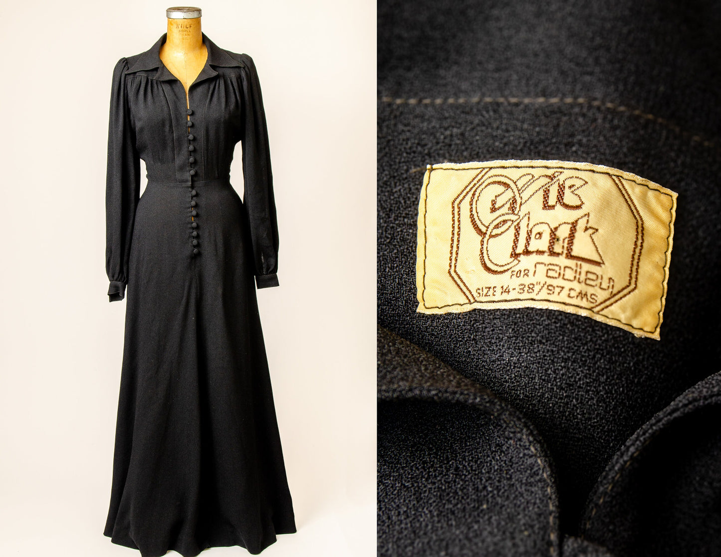 1970s Ossie Clark Maxi Dress Black Rayon Crepe Glam Dress