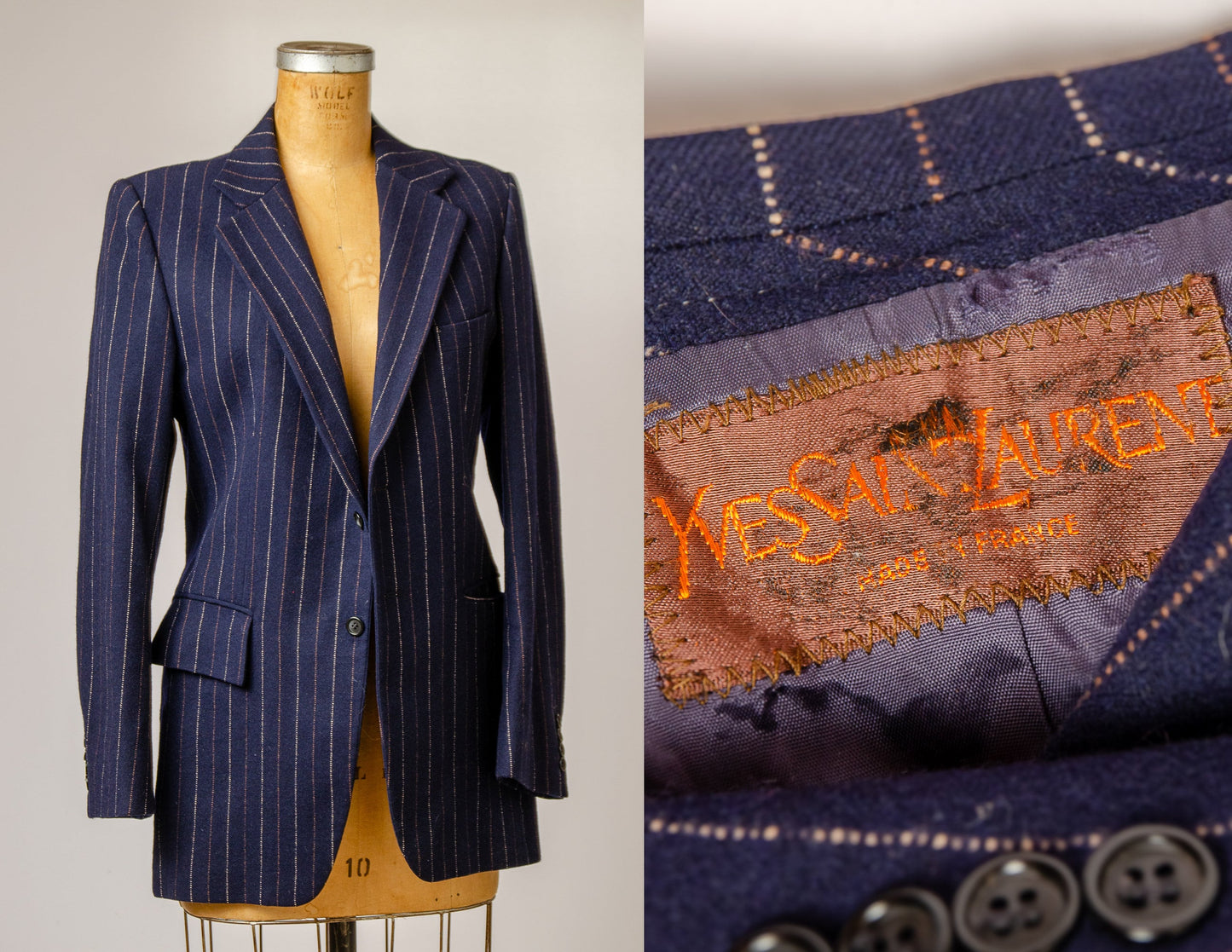 1970s YSL Pinstripe Wool Navy Blue Blazer