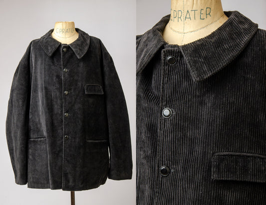 1940s Style Deadstock French Work Black Corduroy Workwear Jacket