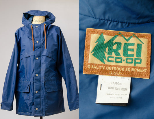 1980s REI CO-OP Parka Blue Anorak Hooded Mountain Windbreaker Jacket