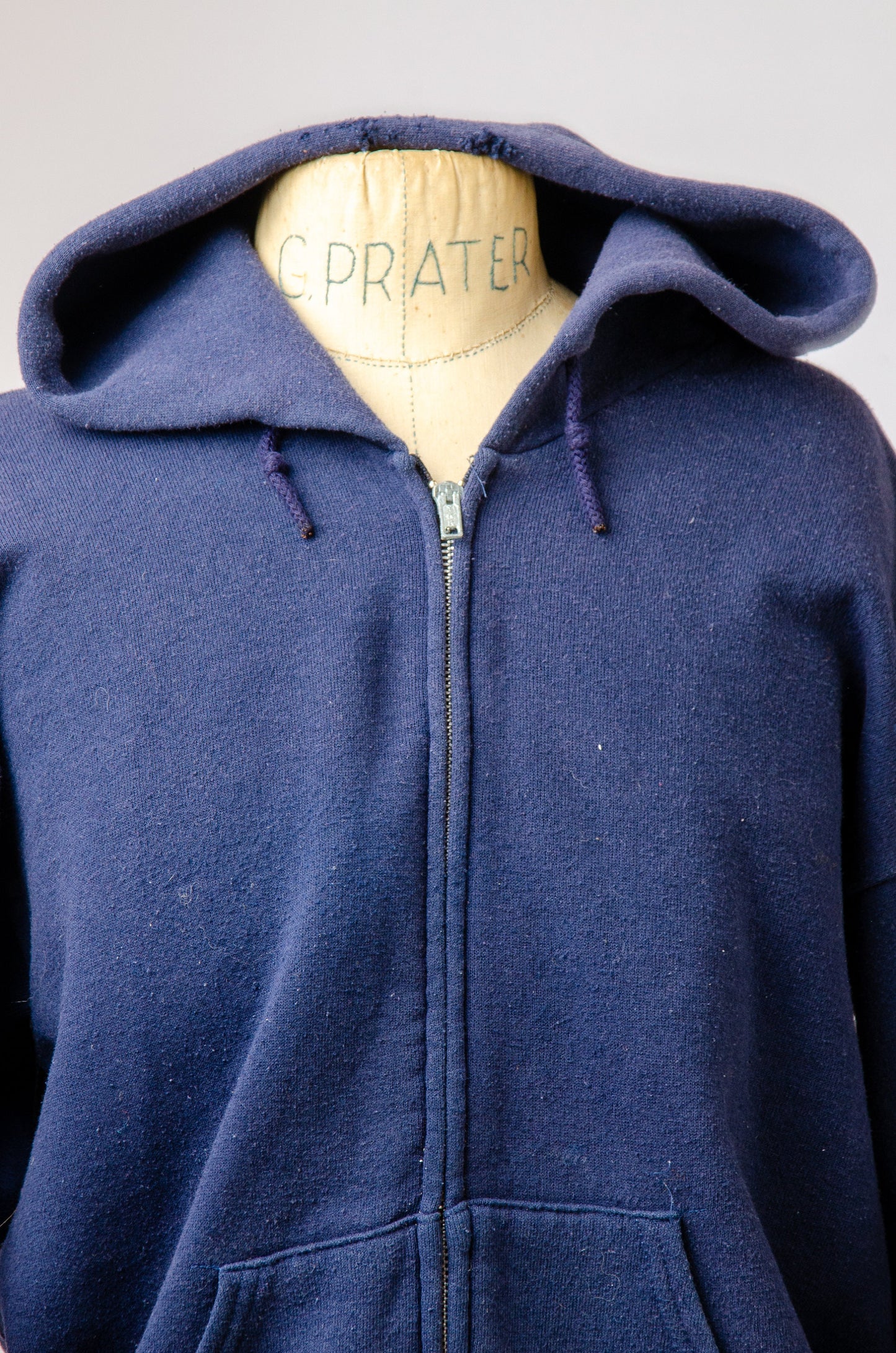 Vintage Distressed Sweatshirt Navy Blue Hooded Cotton Zip Up Hoodie Sweatshirt