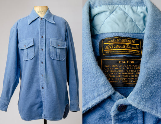 1980s Eddie Bauer Cotton Flannel Blue Outdoor Shirt Jacket