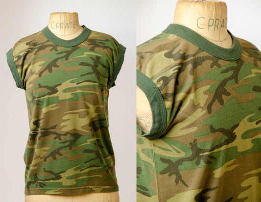 1980s Camo Muscle Shirt Army Camouflage Sleeveless Tank Top