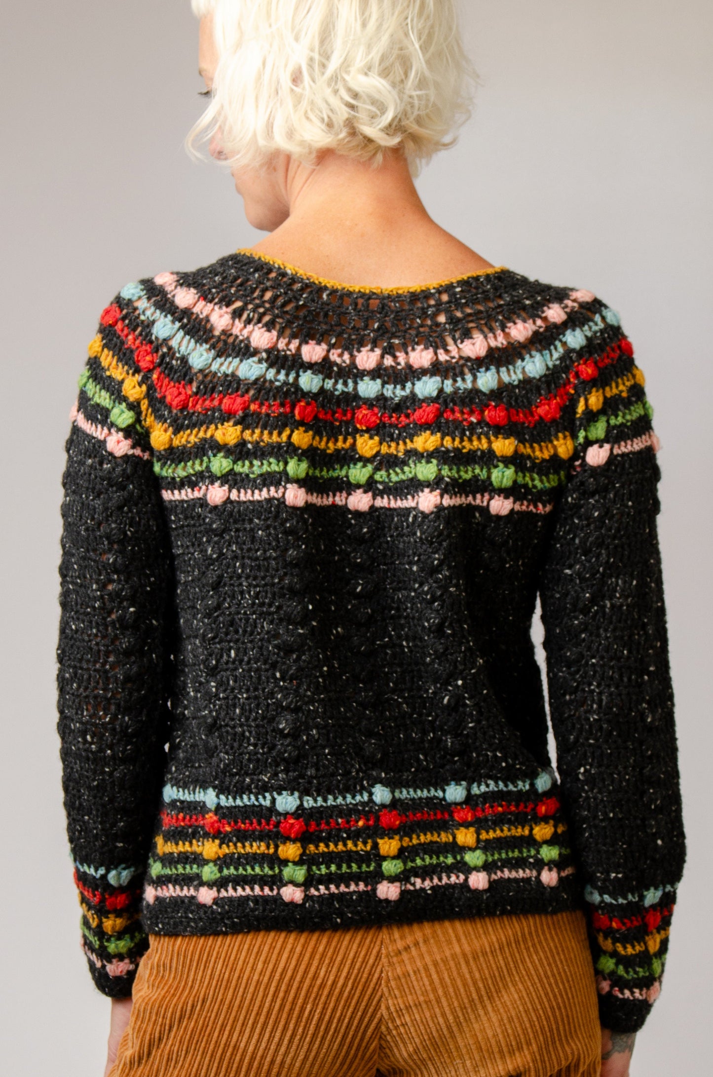 Rainbow Sweater Hand Crochet Merino Tweed Wool with Wood Button Hippie Sweater