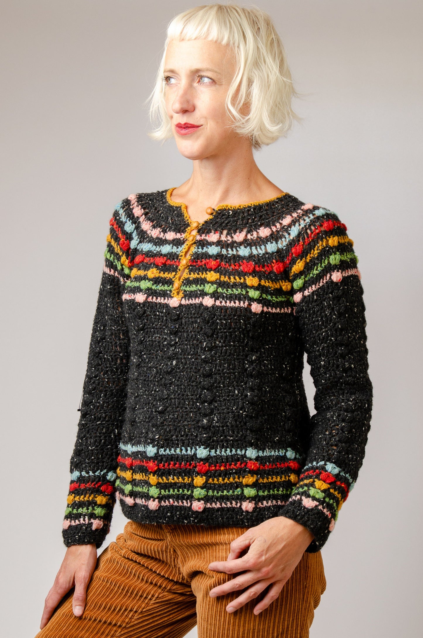 Rainbow Sweater Hand Crochet Merino Tweed Wool with Wood Button Hippie Sweater