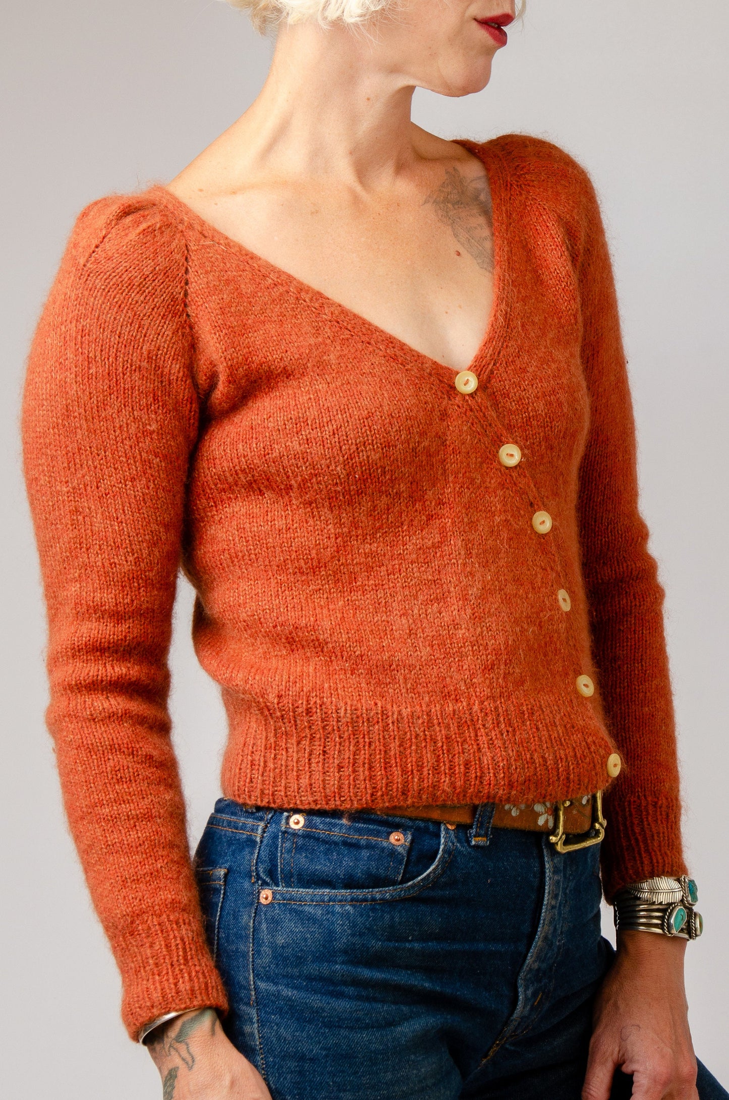 Handknit Mohair Cardigan Rust Orange Puff Sleeve Sweater