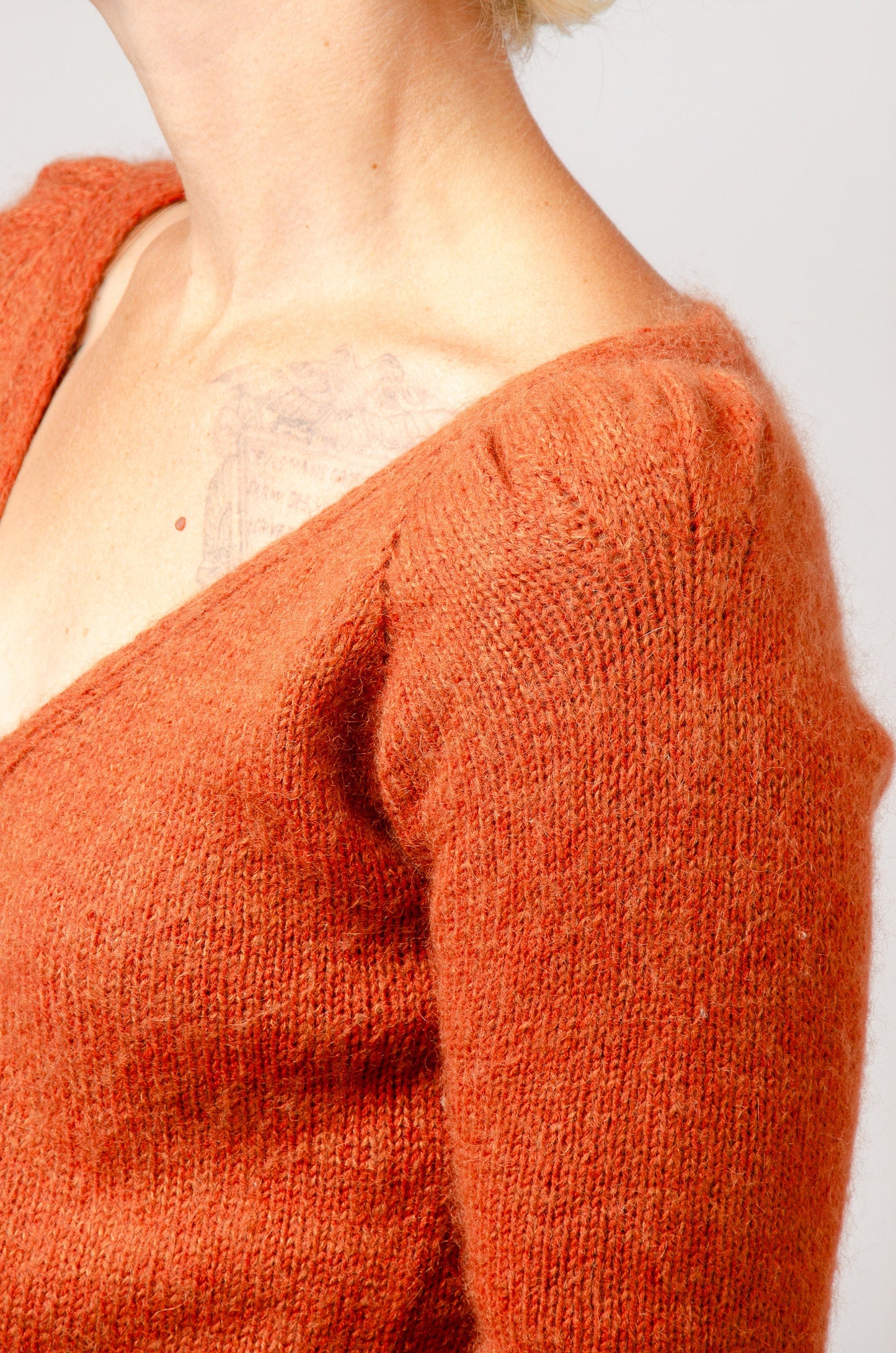 Handknit Mohair Cardigan Rust Orange Puff Sleeve Sweater