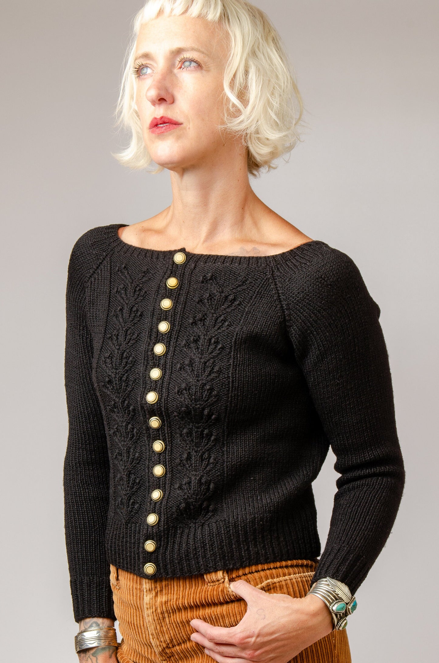 Handknit 1940s Style Cardigan Black Wool with Deco Buttons Puff Sleeve Sweater