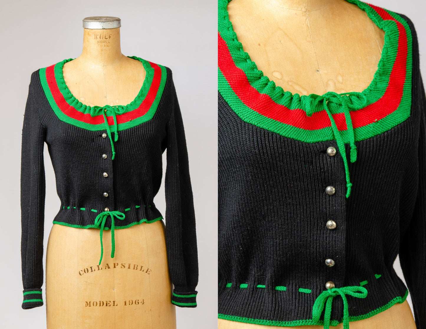 1950s Bavarian Folk Sweater Black and Green Knit Crop Austrian Cardigan