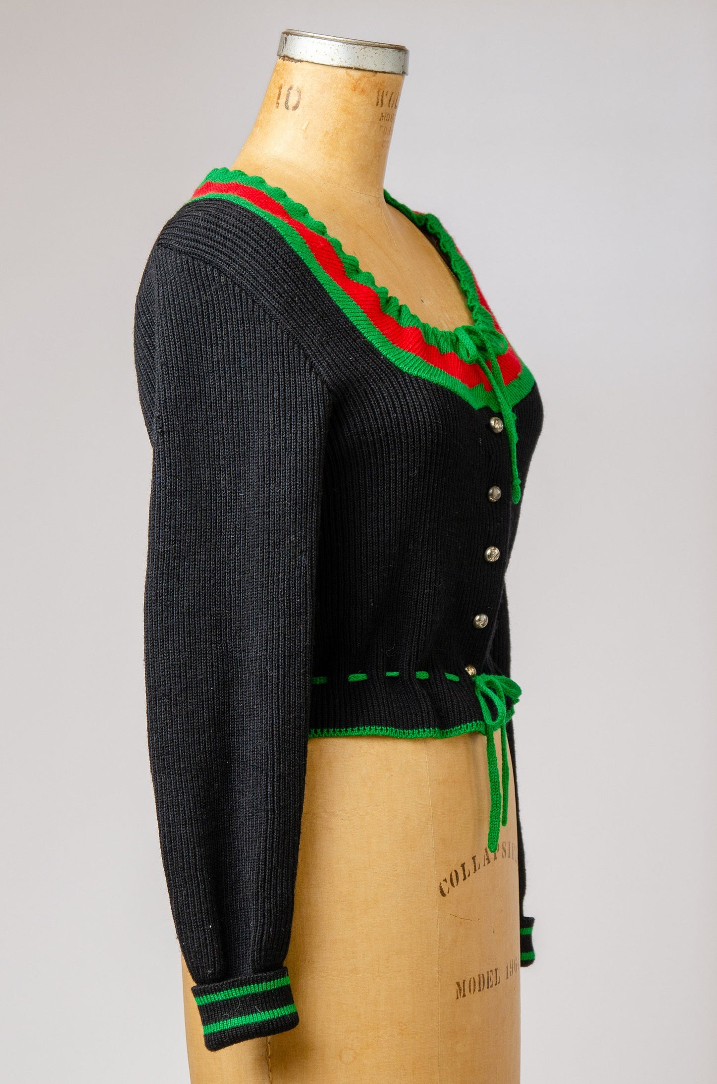 1950s Bavarian Folk Sweater Black and Green Knit Crop Austrian Cardigan