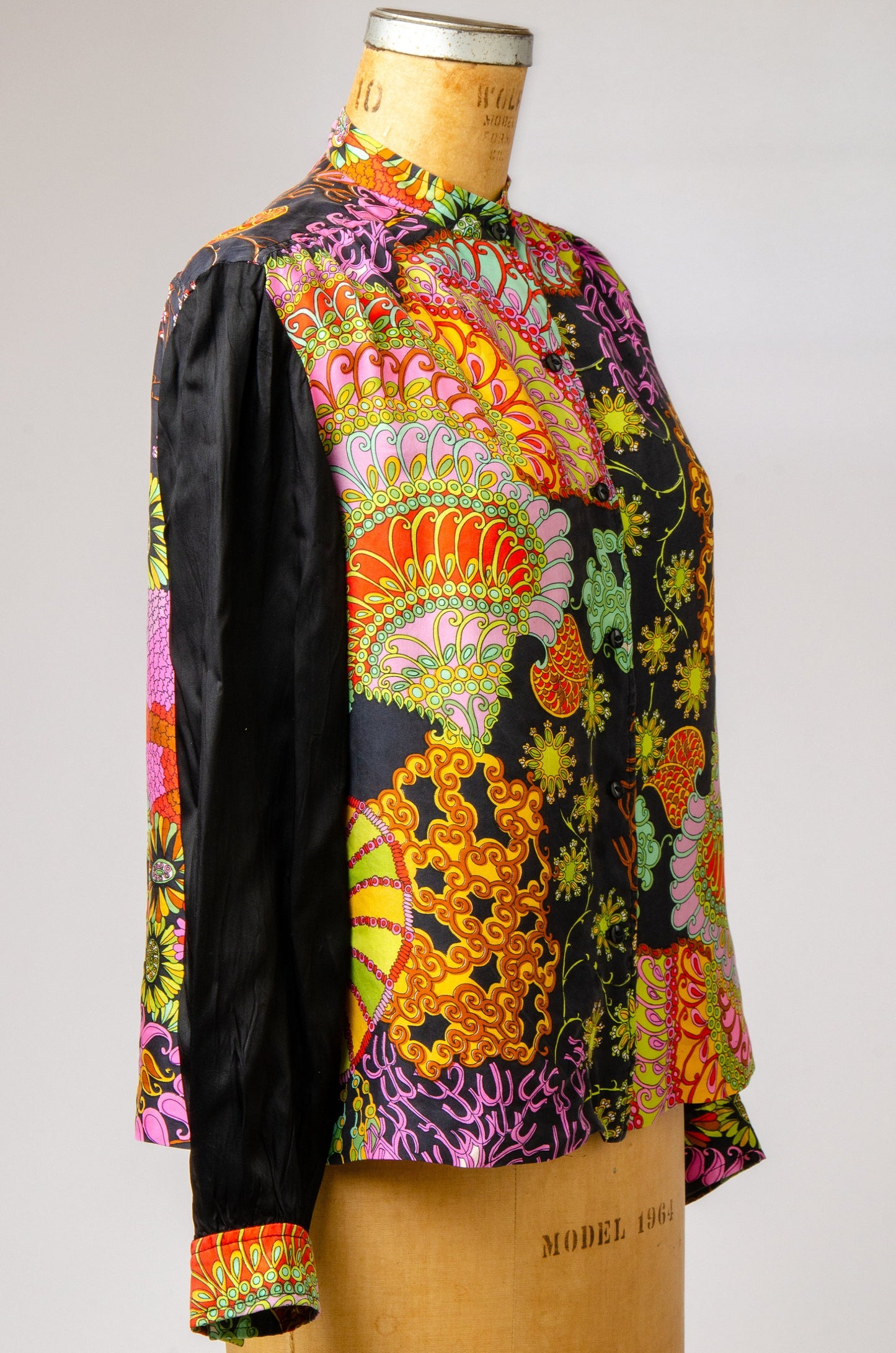 1970s Silk Blouse Pop Art Novelty Print Psychedelic High Collar Dress Shirt