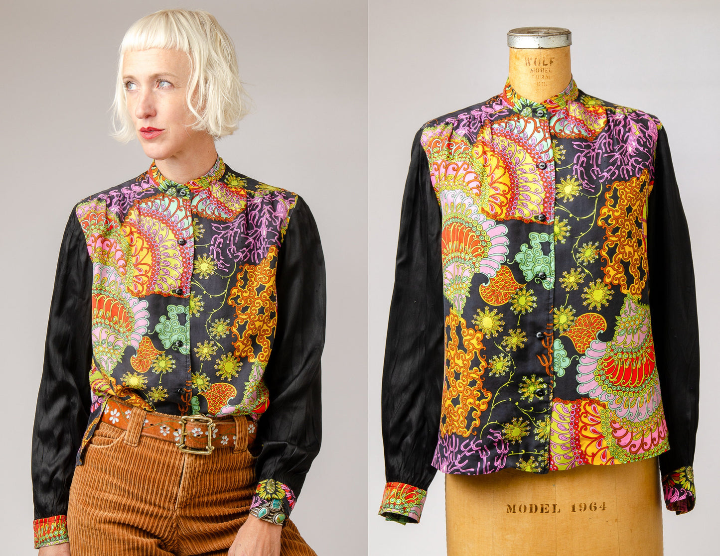 1970s Silk Blouse Pop Art Novelty Print Psychedelic High Collar Dress Shirt