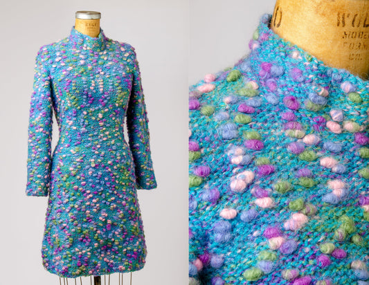 1970s Mohair Knit Dress Popcorn Stitch Sweater Dress