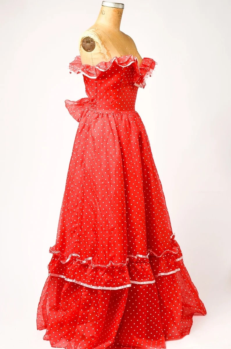 1970s Deadstock Gunne Sax Polka Dot Red & White Strapless Party Dress