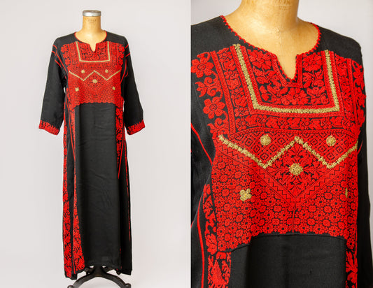 1970s Afghan Dress Dress Black and Red Embroidered Folk Maxi Dress