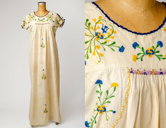 1950s Mexican Embroidered Dress Cotton Oaxacan Full Length Babydoll Dress