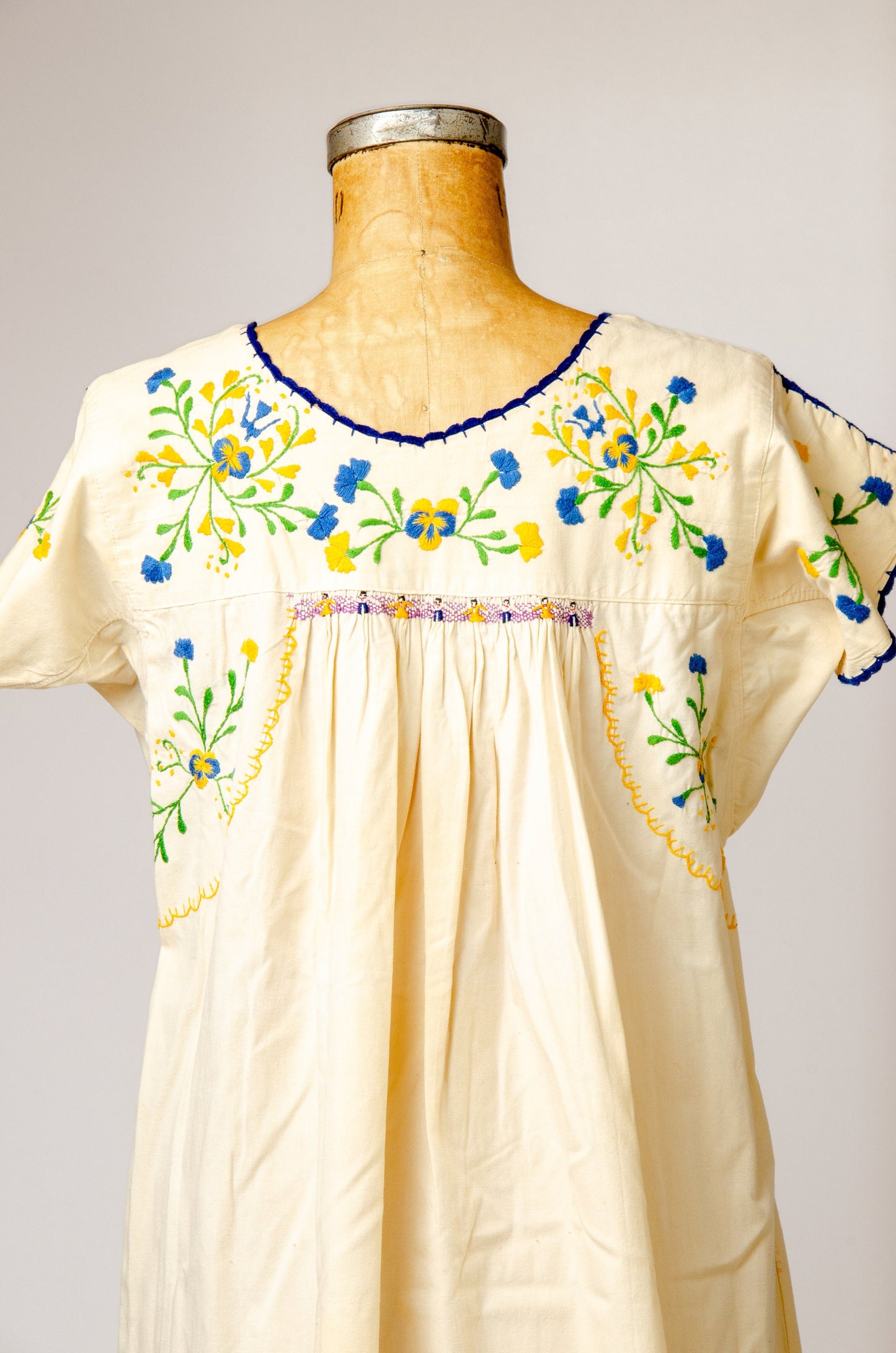 1950s Mexican Embroidered Dress Cotton Oaxacan Full Length Babydoll Dress