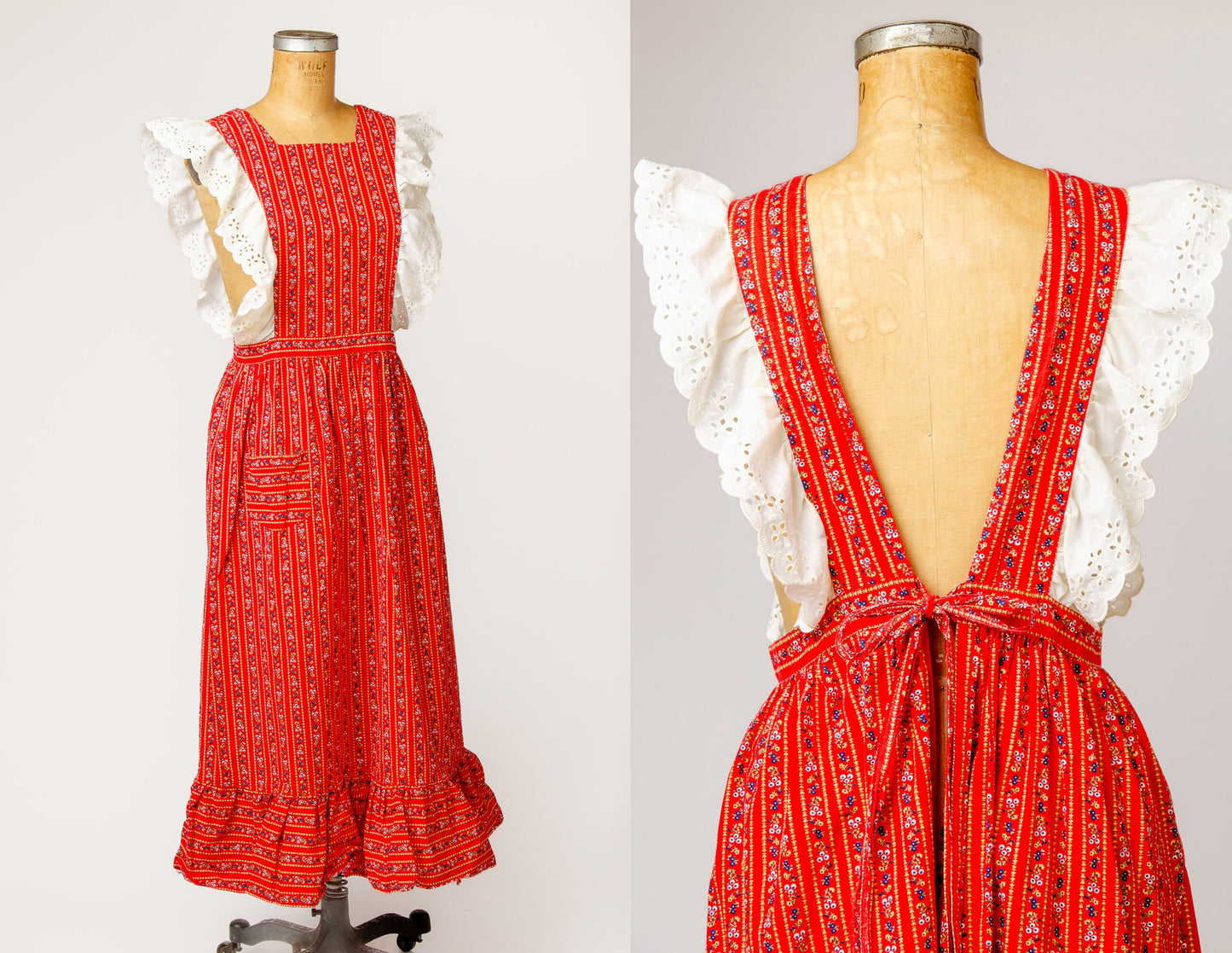 1970s Folk Dress Red Floral Country Western Apron Dress