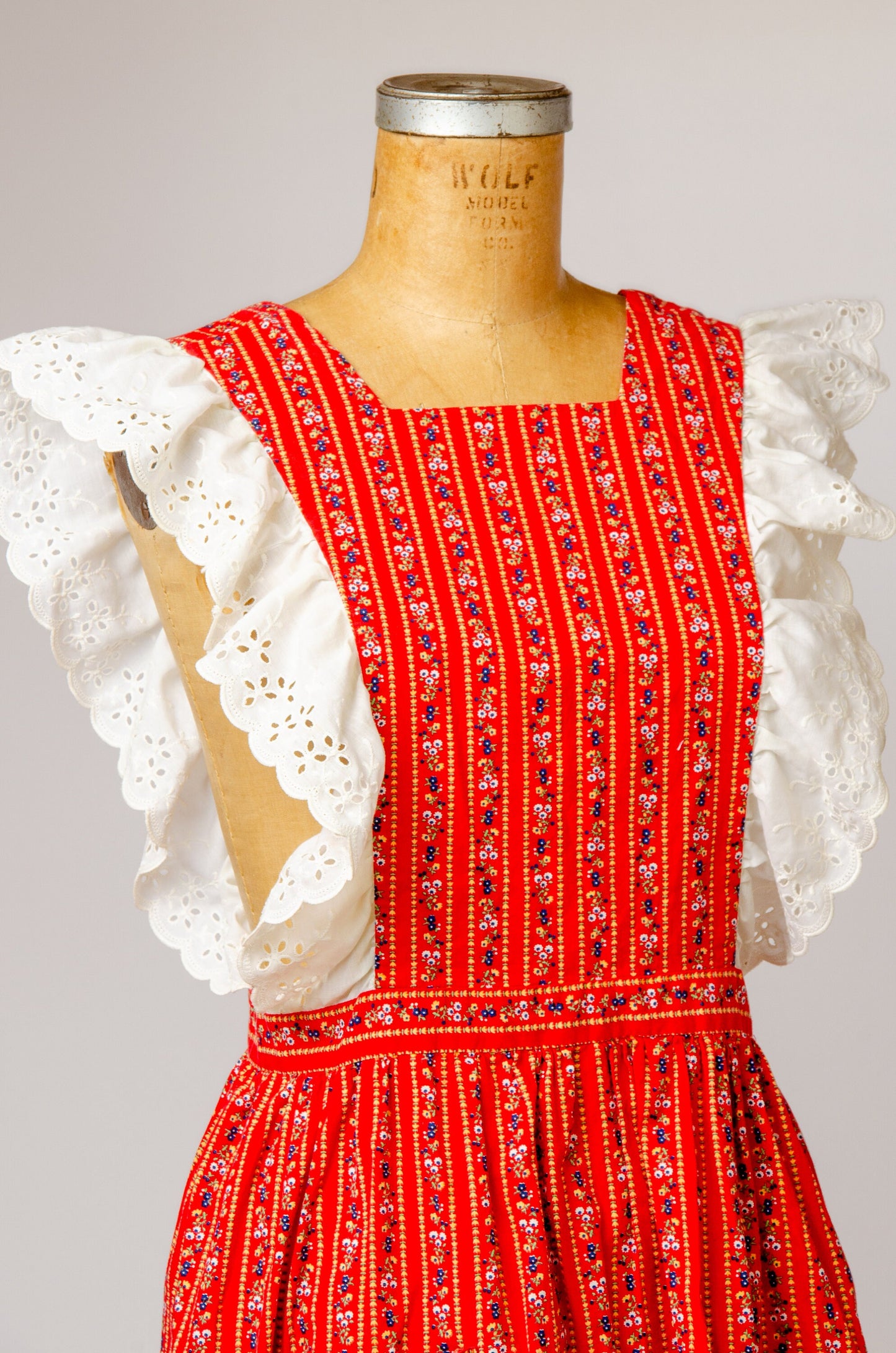 1970s Folk Dress Red Floral Country Western Apron Dress